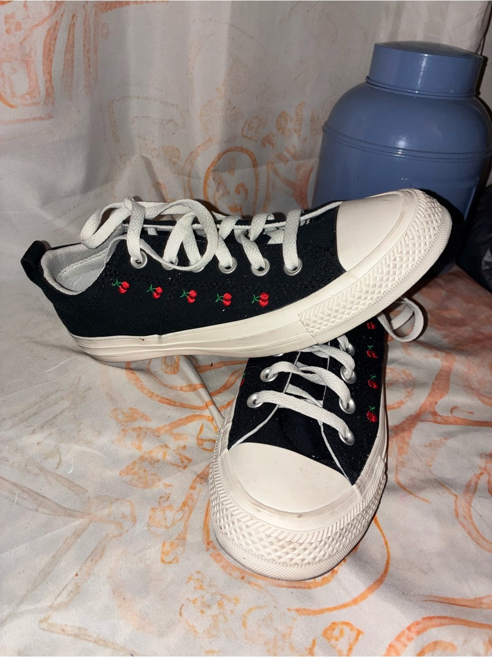 Converse: Black Canvas with Red Cherry Embroidery